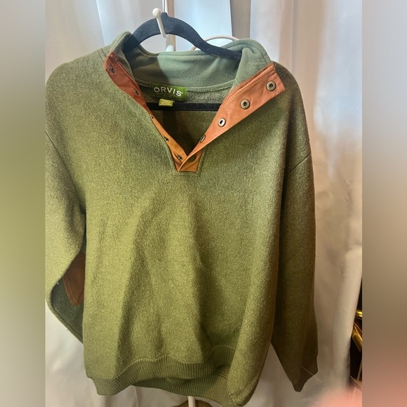 ORVIS MERINO WOOL SNAP BUTTON PULLOVER LEATHER ELBOW PATCH SWEATER Green Large - Picture 1 of 3